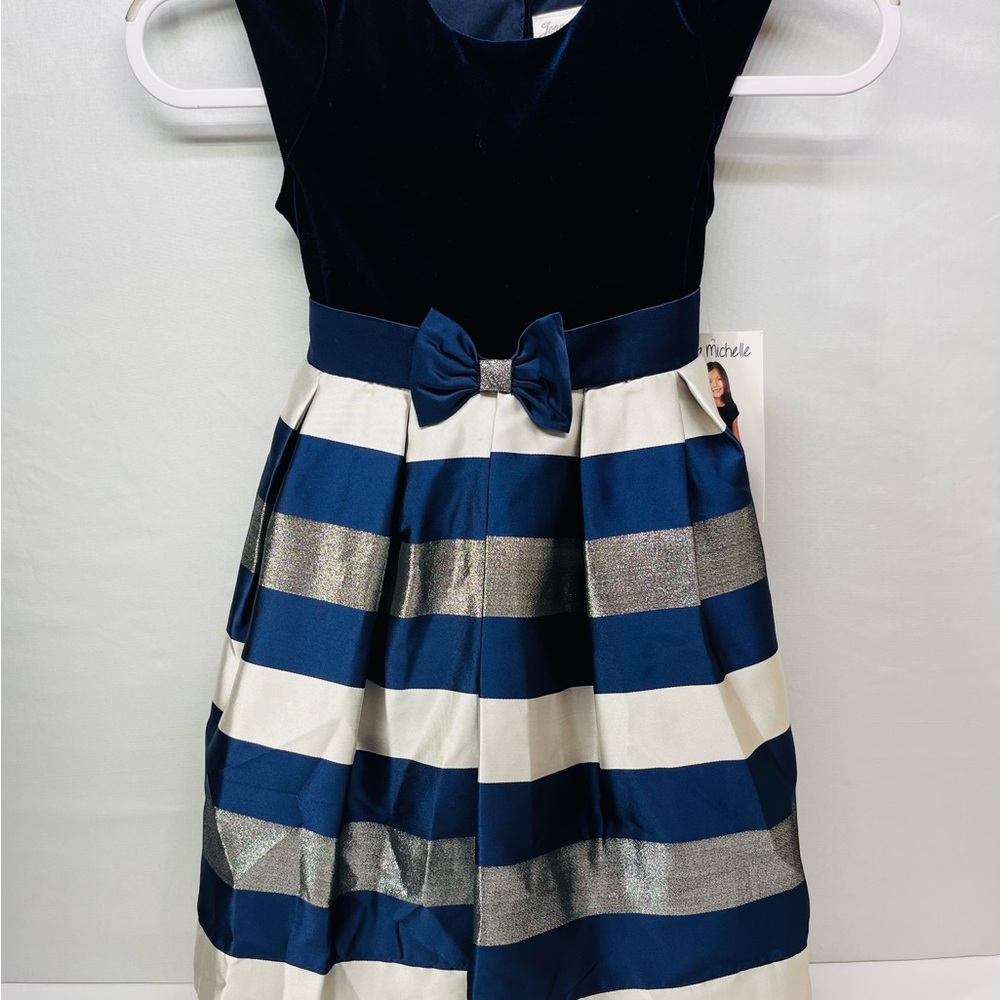 Jona Michelle Navy Velvet and Silver‎ Striped Formal Dress